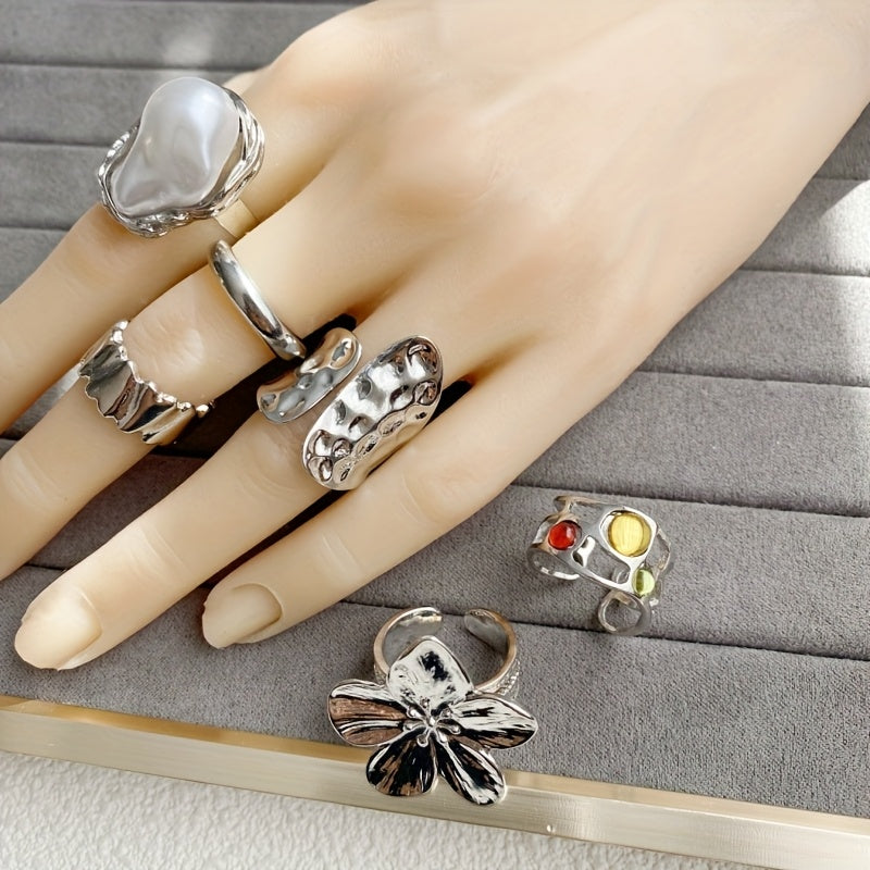 6pcs set of fashionable open ring sets, adjustable in size, suitable for many people to wear high-end rings, beautiful when worn alone or stacked, exquisite gift for friends, bohemian style jewelry combination